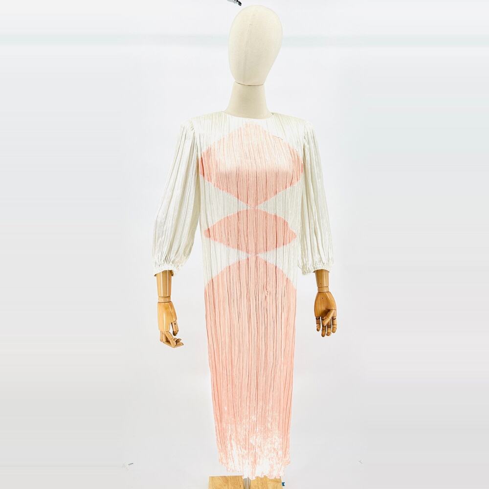 Vintage 80s Morton Myles Cream Peach Colorblock Satin Crinkle Cocktail Dress
